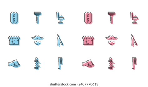Set line Shaving gel foam on hand, Classic Barber shop pole, Blade razor, Hairbrush, Mustache beard, Straight, Barbershop building and  icon. Vector