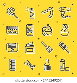 Set line Shaving gel foam, Hairbrush, Hairdresser pistol spray bottle, Straight razor, Barber online service platform,  and of soap with icon. Vector