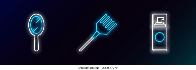 Set line Shaving gel foam, Hand mirror and Hairbrush icon. Glowing neon. Vector