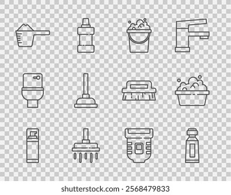 Set line Shaving gel foam, Tube of toothpaste, Bucket with soap suds, Shower head, Washing powder, Rubber plunger, Epilator and Basin icon. Vector