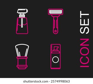 Set line Shaving gel foam, brush, razor and Cream lotion cosmetic tube icon. Vector