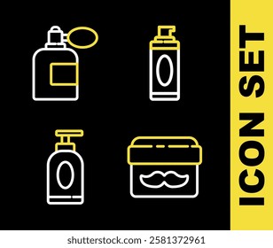 Set line Shaving gel foam, Cream or lotion cosmetic jar, tube and Aftershave bottle with atomizer icon. Vector