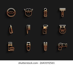 Set line Rasiergel Schaum, Elektrischer Haarschneider oder Rasierer, Schnurrbart, Lockenstab für, Haartrockner, Haarbürste, Friseur und Friseur Pistole Spray Flasche Symbol. Vektorgrafik