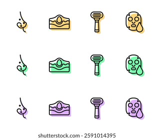 Set line Shaving razor, Acne,  and Facial cosmetic mask icon. Vector