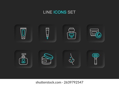 Set line Shaving razor, Acne, Cream lotion cosmetic tube, Tube of hand cream, Perfume,  and  icon. Vector