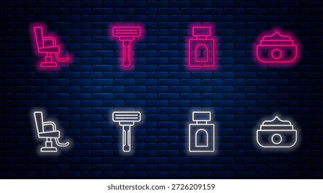 Línea de afeitado, Aftershave, silla de barbería y cera de gel para el estilo. Icono de neón brillante en la pared de ladrillo. Vector