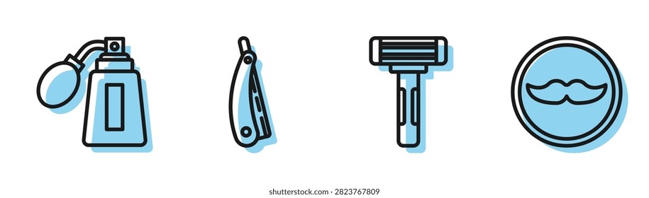 Set line Shaving razor, Aftershave bottle with atomizer, Straight razor and Mustache icon. Vector