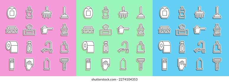 Set line Shaving razor, Bottle for cleaning agent, Mouthwash bottle, Shower head, Wet wipe pack, Brush, of shampoo and Washing powder icon. Vector