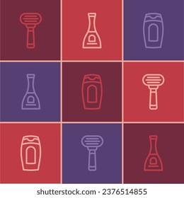 Set line Shaving razor, Bottle of shampoo and nail polish icon. Vector