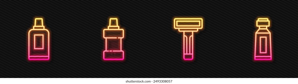 Afeitadora, botella para el agente de limpieza, y tubo de pasta de dientes. Icono de neón brillante. Vector