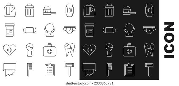 Set line Shaving razor, Broken tooth, Underwear, Toothbrush with toothpaste, Medical protective mask, Medicine bottle, Bottles for cleaning agent and Round makeup mirror icon. Vector