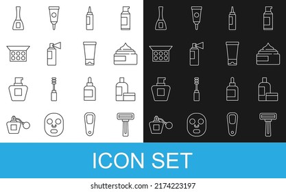 Set Linie Rasierapparat, Creme Lotion Kosmetikröhre, Parfüm, Make-up Pulver mit Spiegel, Nagellack und Icon. Vektorgrafik