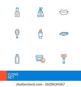Set line Shaving razor, Cream lotion cosmetic tube, Bottle of shampoo, Woman eye, Hand mirror, Tube hand cream, Smiling lips and  icon. Vector