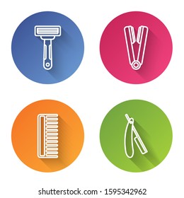 Set line Shaving razor, Curling iron for hair, Hairbrush and Straight razor. Color circle button. Vector
