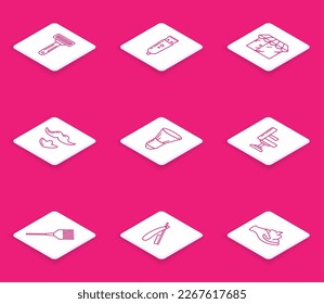 Set line Shaving razor, Electrical hair clipper shaver, Barbershop building, Mustache and beard, brush, chair, Hairbrush and Straight icon. Vector