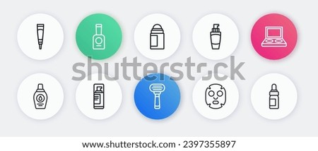 Set line Shaving razor, Eye shadow palette with brush, Bottle of shampoo, Facial cosmetic mask, Tube hand cream, Deodorant roll, Essential oil bottle and gel foam icon. Vector