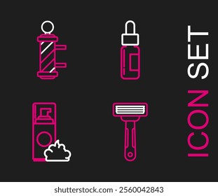 Set line Shaving razor, gel foam, Glass bottle with pipette and Classic Barber shop pole icon. Vector