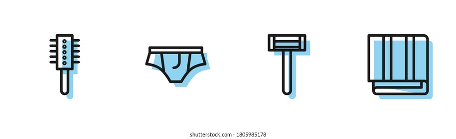 Set line Shaving razor, Hairbrush, Underwear and Towel stack icon. Vector