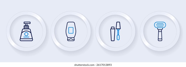 Set line Shaving razor, Mascara brush, Bottle of shampoo and Cream lotion cosmetic tube icon. Vector