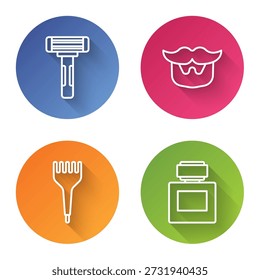 Línea de afeitado, bigote y barba, cepillo para el cabello y afeitado. Botón de círculo de color. Vector