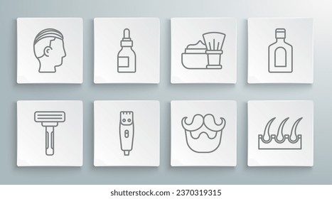 Set line Shaving razor, Oil bottle, Hair clipper, Mustache and beard, Human hair follicle, brush with foam, Bottle of shampoo and Hairstyle for men icon. Vector