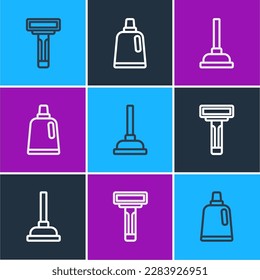 Set line Shaving razor, Rubber plunger and Bottle for cleaning agent icon. Vector