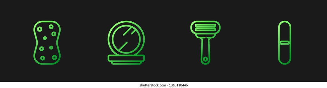 Set line Shaving razor, Sponge with bubbles, Makeup powder mirror and Nail file. Gradient color icons. Vector