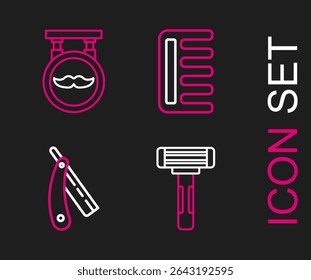 Set line Shaving razor, Straight, Hairbrush and Barbershop icon. Vector