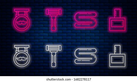 Set line Shaving razor, Towel, Barbershop and Aftershave. Glowing neon icon on brick wall. Vector