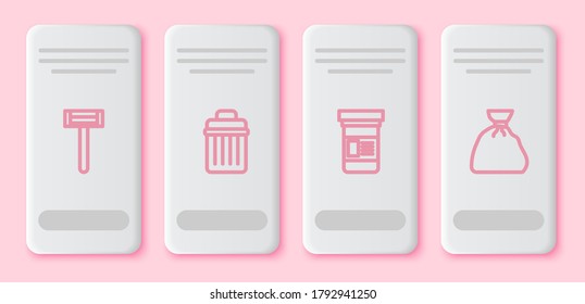 Set line Shaving razor, Trash can, Medicine bottle and Garbage bag. White rectangle button. Vector