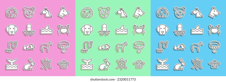 Set line Sheep head, Collar with name tag, Crab, Horse, Octopus, Dog, Owl bird and Shark fin in ocean wave icon. Vector