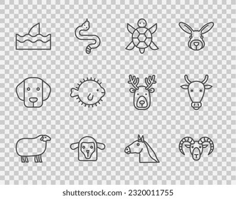 Set line Sheep, Head of goat or ram, Turtle, head, Shark fin in ocean wave, Puffer fish, Horse and Cow icon. Vector