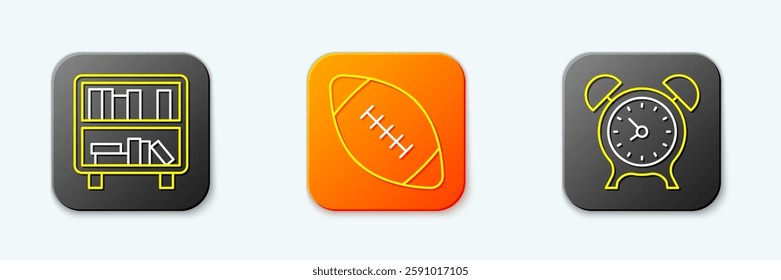 Set line Shelf with books, American football ball and Alarm clock icon. Vector