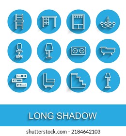 Set line Shelf with books, Armchair, Chair, Staircase, Floor lamp, Table, Bathtub and Electrical outlet icon. Vector