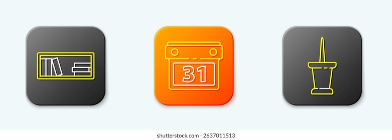 Set line Shelf with books, Calendar and Push pin icon. Vector