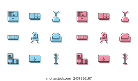 Estante con libros, Cajonera, Librería de la biblioteca, Soporte de abrigo, Mesa de vestir, Sillón, Mueble, Mesa de noche e icono. Vector