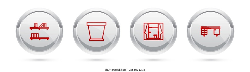 Set line Shelf with books, Flower pot, Window curtains and Office desk. Silver circle button. Vector