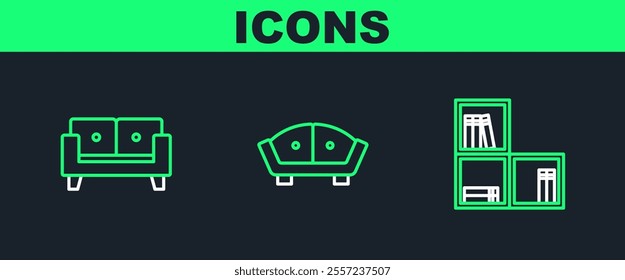 Set line Shelf with books, Sofa and  icon. Vector
