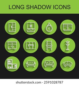 Set line Shelf with books, Sofa, Wardrobe, Coat stand and Chair icon. Vector
