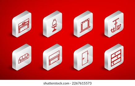 Set line Shelf, Office chair, Makeup mirror with lights, Chandelier, Closed door, Grand piano,  and Sofa icon. Vector