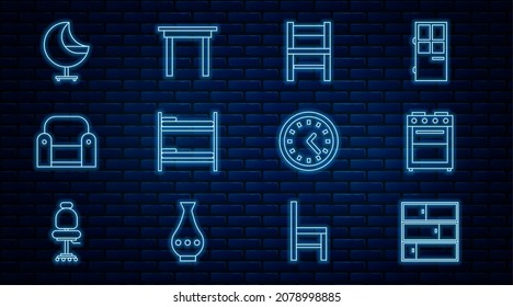 Set line Shelf, Oven, Chair, Bunk bed, Armchair, Clock and Wooden table icon. Vector