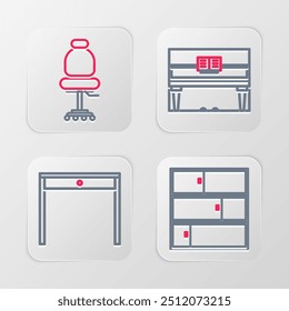 Set line Shelf, Wooden table, Grand piano and Office chair icon. Vector
