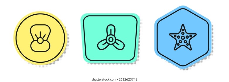Set line Shell with pearl, Boat propeller, turbine and Starfish. Colored shapes. Vector