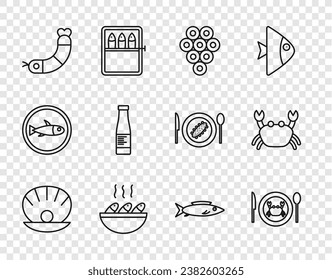 Set line Shell with pearl, Served crab on plate, Caviar, Fish soup, Shrimp, Sauce bottle,  and Crab icon. Vector
