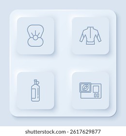 Set line Shell with pearl, Wetsuit, Aqualung and Action camera. White square button. Vector