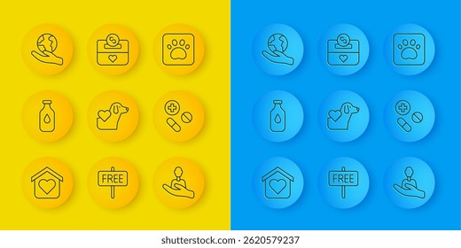 Set line Shelter for homeless, Bottle of water, Heart with dog, Caring people, Medicine pill tablet, Hand holding Earth globe, Paw print and Donation charity icon. Vector