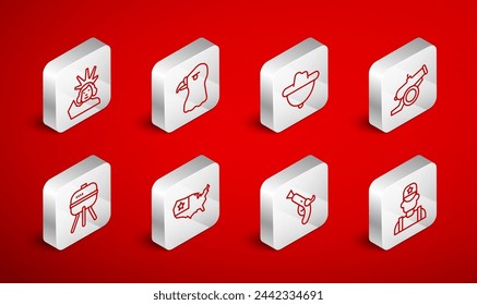 Conjunto de línea Sheriff cowboy, cabeza de águila, sombrero occidental, cañón, pistolas Vintage, Estatua de la Libertad, mapa de EE.UU. e icono de barbacoa a la parrilla. Vector