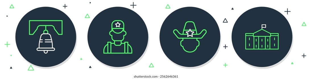 Set line Sheriff cowboy, Liberty bell in Philadelphia and United States Capitol Congress icon. Vector