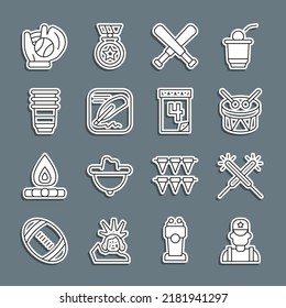 Set line Sheriff cowboy, Sparkler firework, Drum and drum sticks, Crossed baseball bat, Declaration of independence, Paper glass, Baseball glove with and Calendar date July 4 icon. Vector