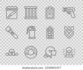 Fijar la línea de sombrero sheriff con placa, sirena Flasher, informe de la policía, Donut, navaja de evidencia, granada de humo de mano, casco e icono. Vector